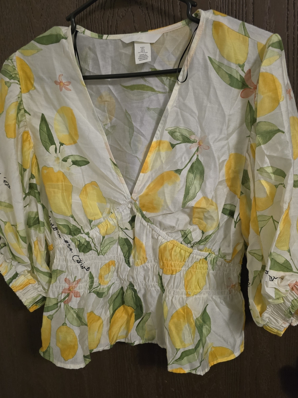 H&M White V-Neck Peplum Blouse with Yellow Lemon Print
